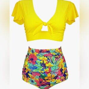 COCOSHIP Retro Yellow Floral High-Waist Bikini Set